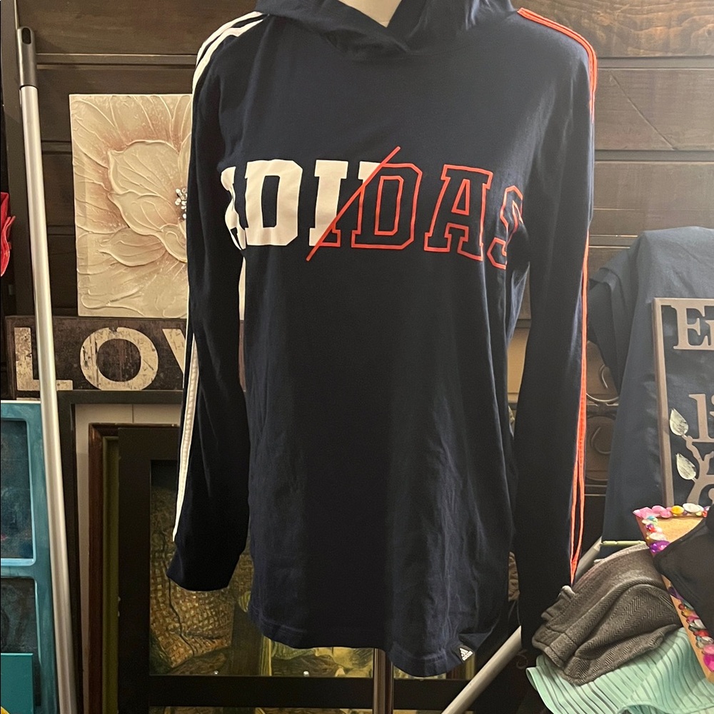 Adidas Dark Blue Hoodie with Red and White Stripes